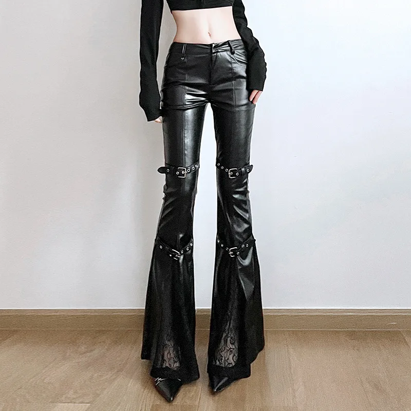 Vintage Fashion Y2K - Women's PU Leather Flare Pants, Gothic