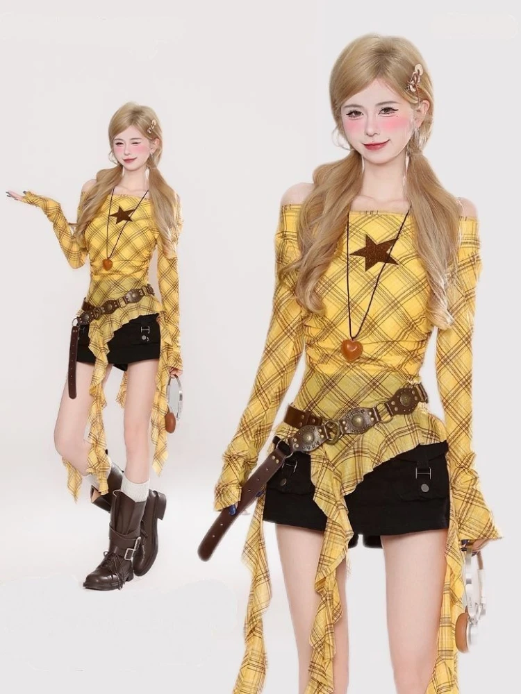 Y2K Plaid Slash Neck Vintage T - Vintage Fashion Y2K review and price