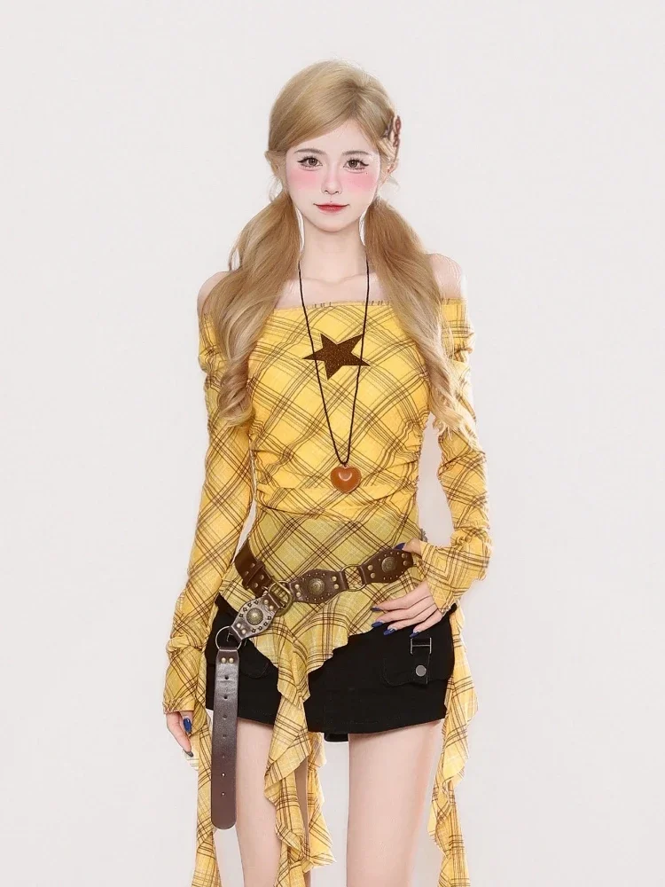Y2K Plaid Slash Neck Vintage T - Vintage Fashion Y2K review and price