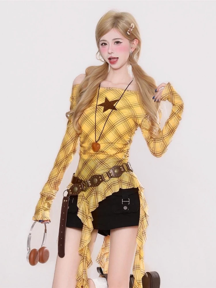 Y2K Plaid Slash Neck Vintage T - Vintage Fashion Y2K review and price