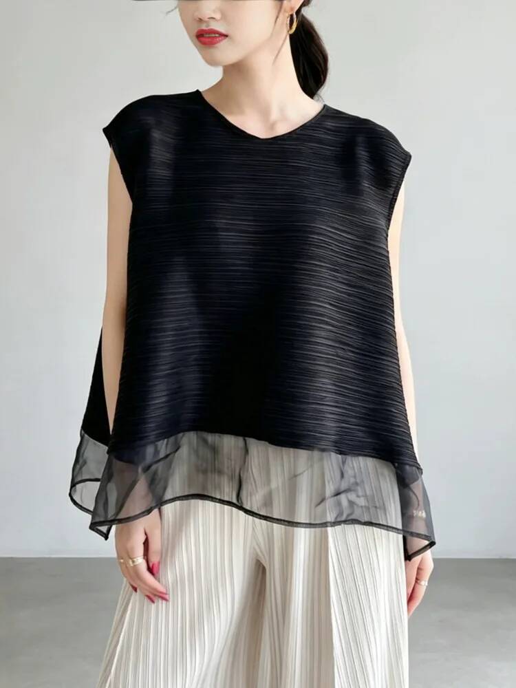 Fashion Mesh Patchwork Pleated - Vintage Fashion Build review and price